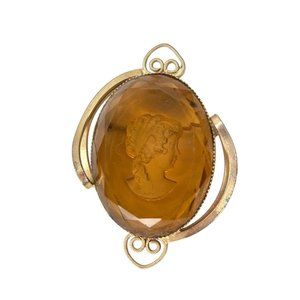 Amber Colored Intaglio Cameo Brooch Pin Goldtone Reverse 2 1/4"